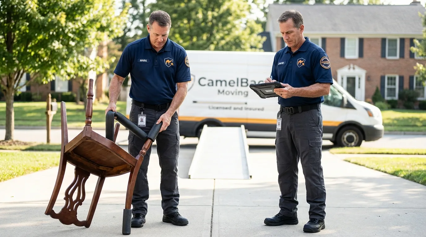 Movers inspecting furniture for damage prevention before loading in Corinth, MS