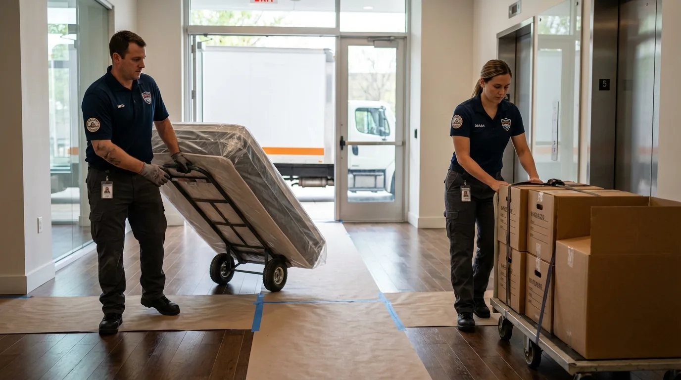 Professional apartment movers loading elevator in Corinth, MS