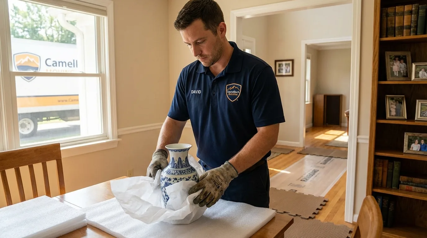 Professional crew carefully wrapping antique vase for senior downsizing move in Corinth, MS